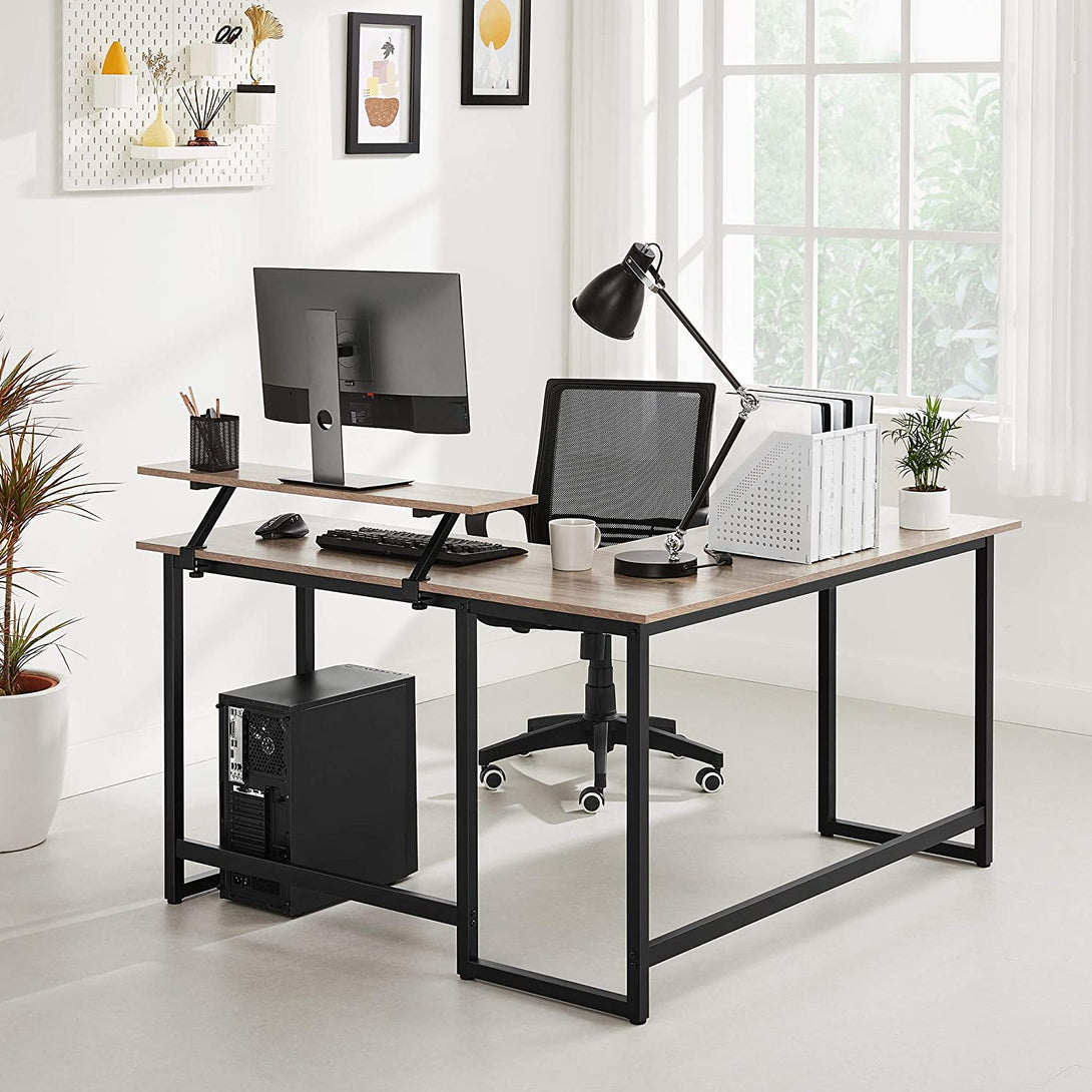 Písací stôl v tvare L so stojanom na monitor, 140 x 76 / 91,5 x 130 cm, šedý a čierny-Vashome.sk