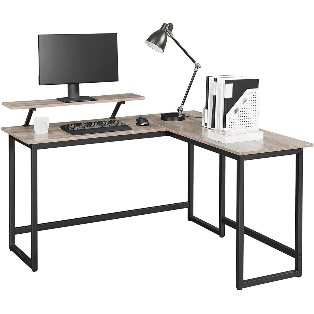 Písací stôl v tvare L so stojanom na monitor, 140 x 76 / 91,5 x 130 cm, šedý a čierny-Vashome.sk