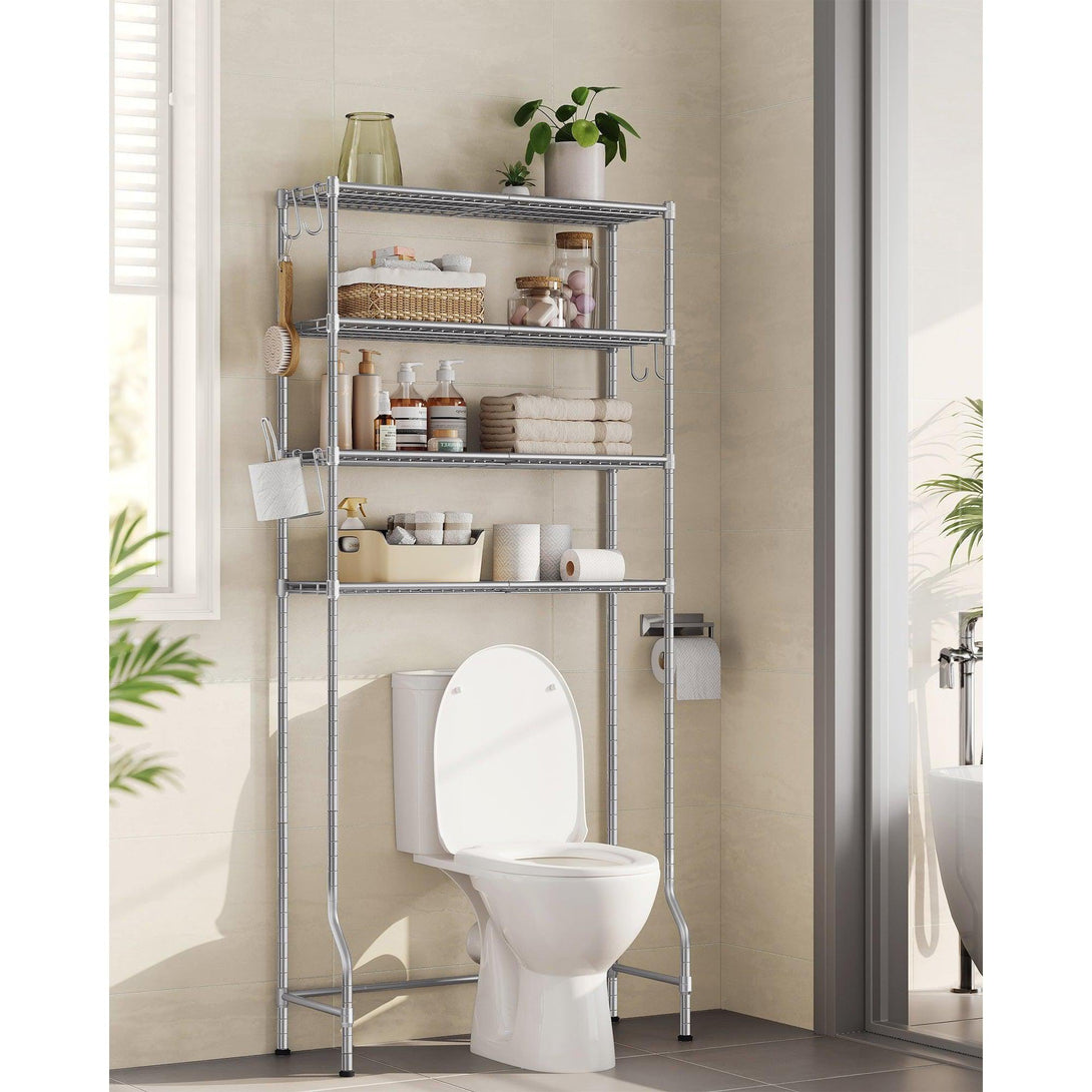 4 szintes tároló a WC felett, fém tároló állvány, állítható polcok, 4 kampó, ezüstszürke-Vashome.sk