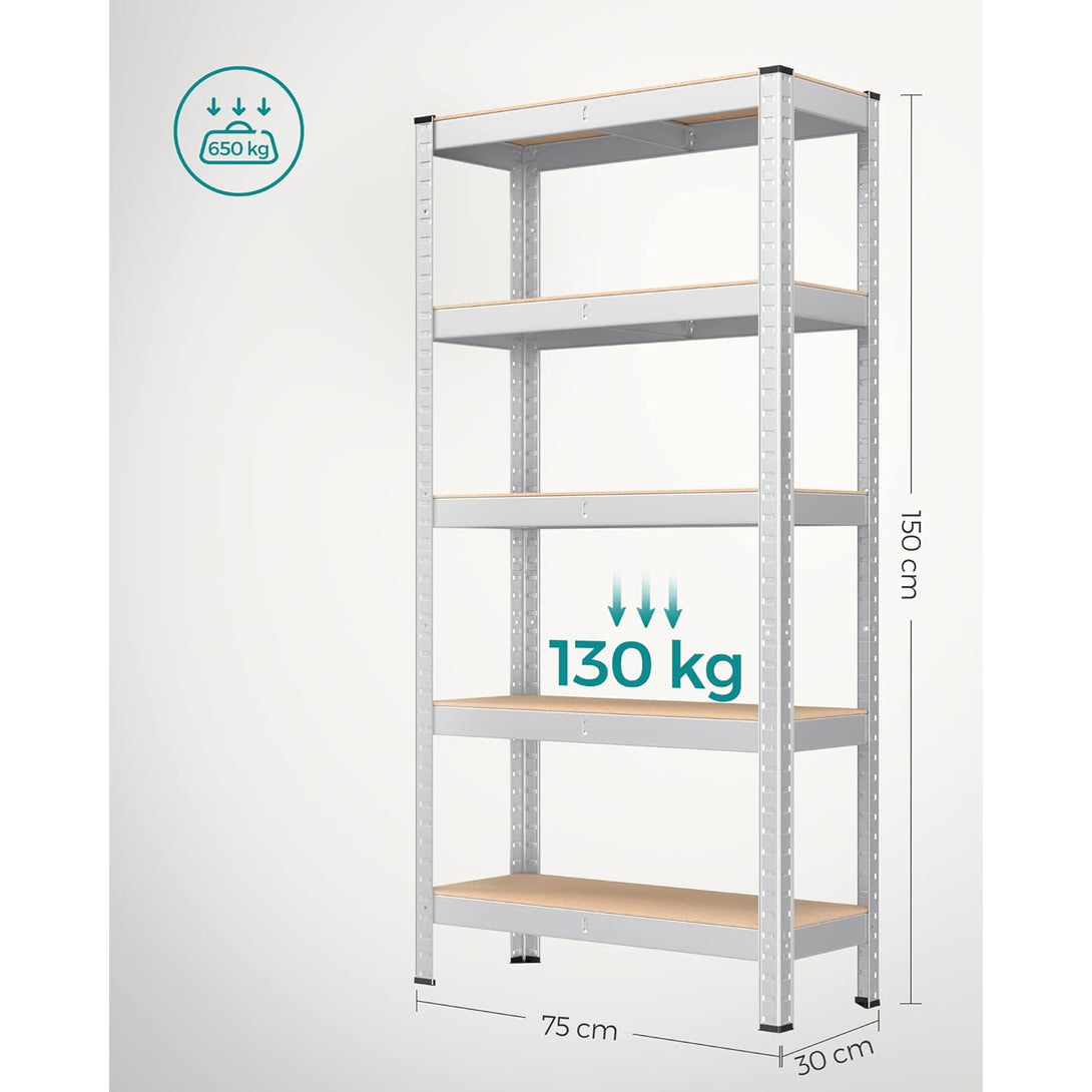 Ötszintes polcrendszer, acél polcrendszer tároláshoz, csavarmentes összeszerelés, teherbírás 650 kg, 30 x 75 x 150 cm, ezüst-Vashome.sk