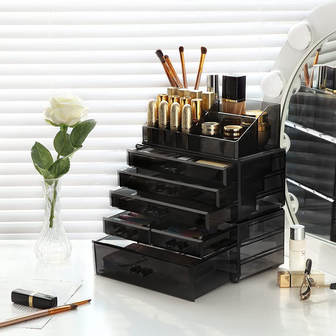 SONGMICS Akrylový organizér na kozmetiku Organizér na make-up so 6 zásuvkami, transparentný čierny