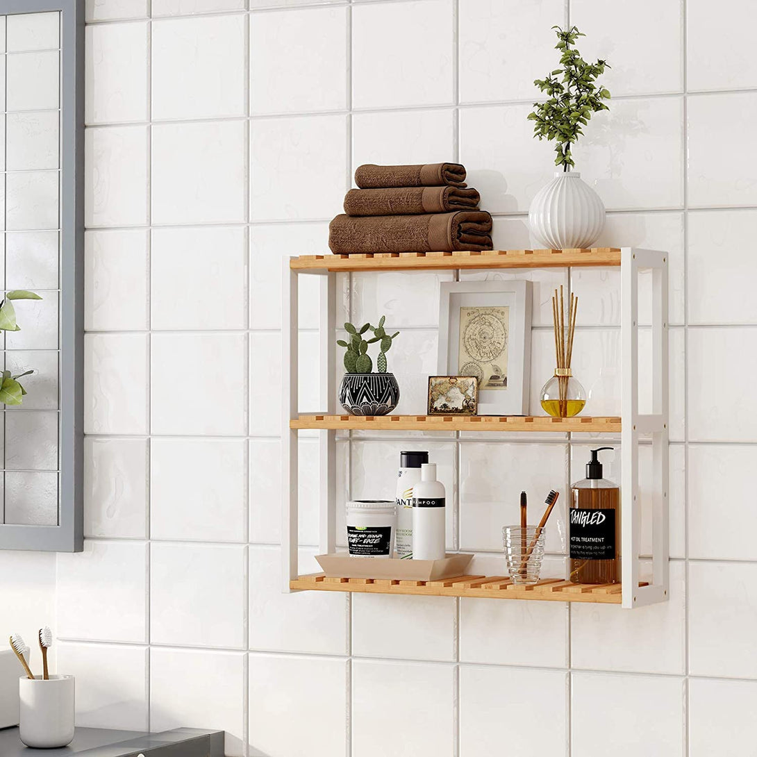 Bambusový 3-úrovňový regál do kúpeľne, prírodná a biela-Vashome.sk