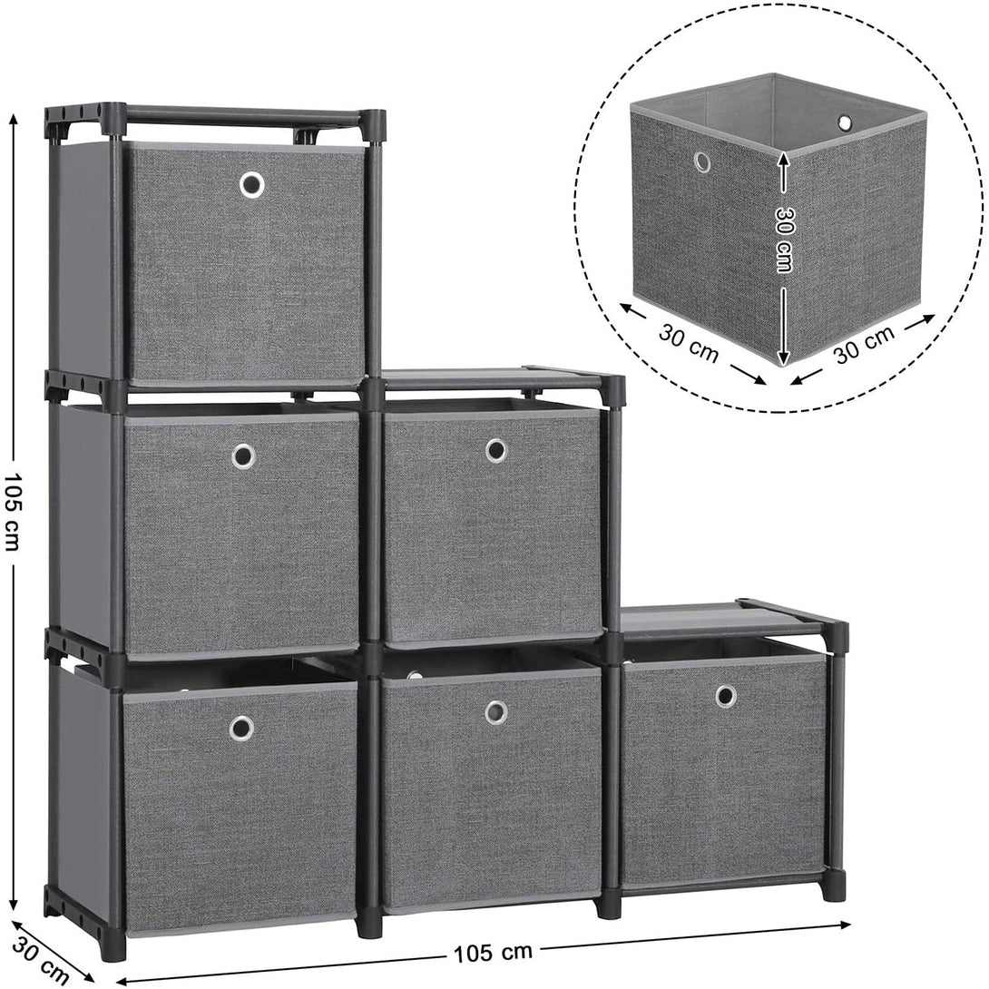 Bezskrutkový regálový úložný systém na 6 kociek so 6 látkovými boxmi, kovový rám, 105 x 105 x 30, čierna-Vashome.sk