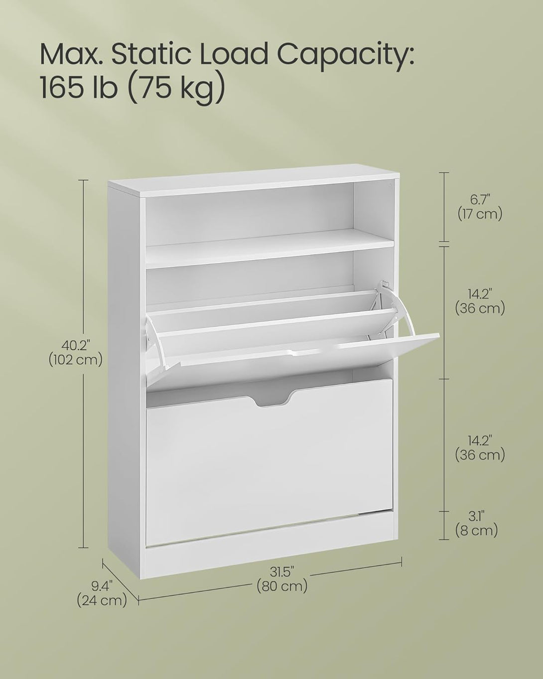 Cipősszekrény 2 billenőajtóval, 3 szintes cipőtartó, 24 x 80 x 102 cm, felhőfehér-Vashome.sk