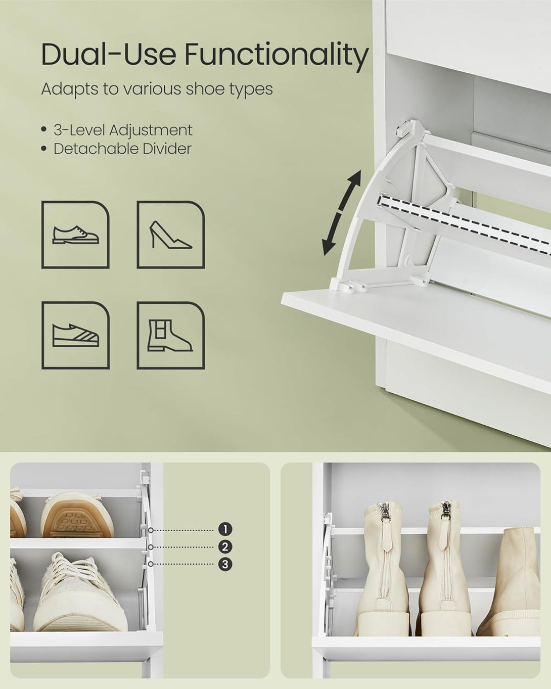 Cipősszekrény 2 billenőajtóval, 3 szintes cipőtartó, 24 x 80 x 102 cm, felhőfehér-Vashome.sk