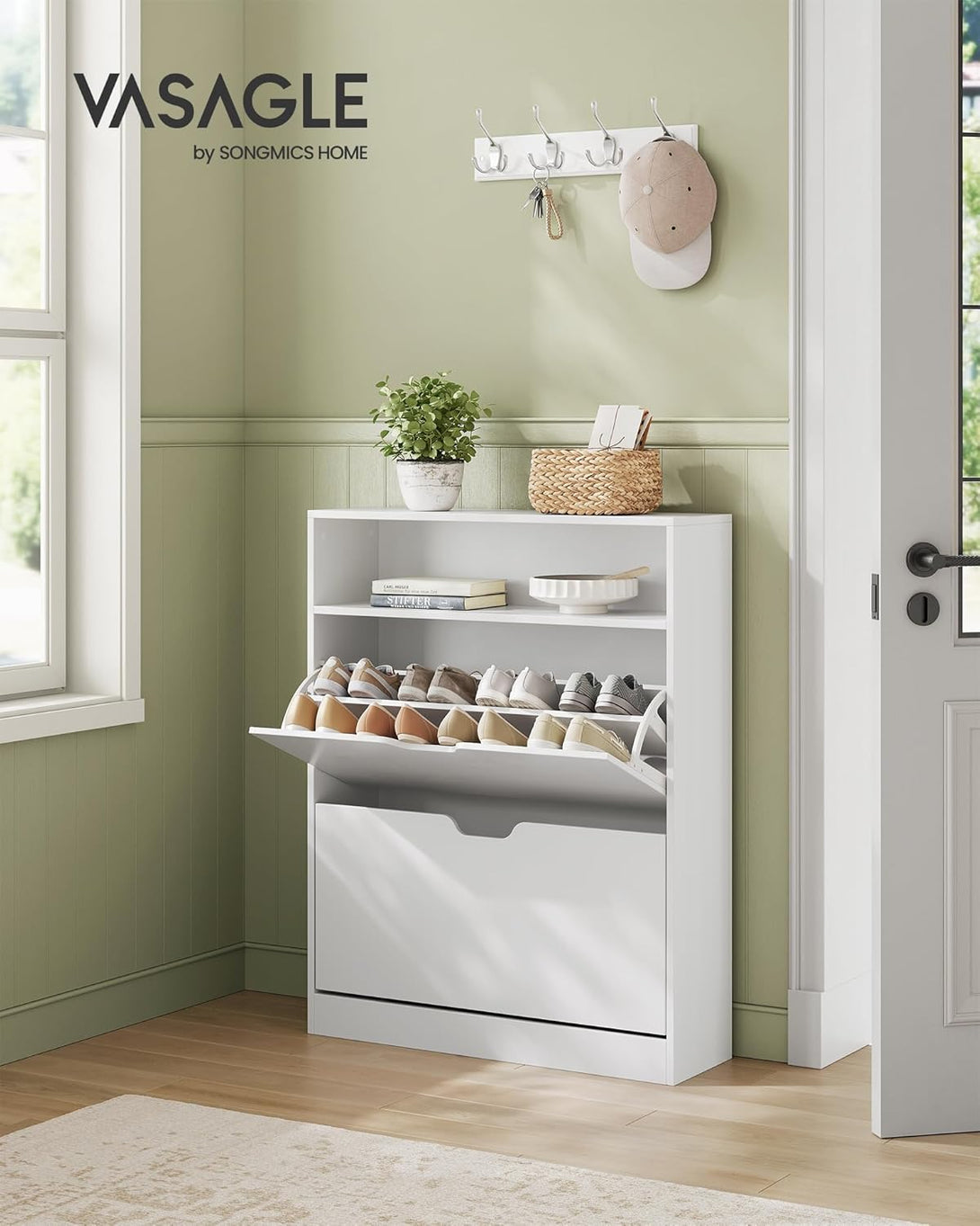 Cipősszekrény 2 billenőajtóval, 3 szintes cipőtartó, 24 x 80 x 102 cm, felhőfehér-Vashome.sk