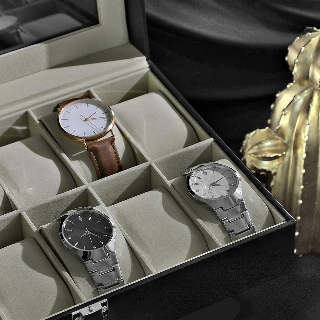 Box na hodinky so skleneným krytom, 30 x 8,5 x 21 cm, čierna imitácia kože, béžová podšívka-Vashome.sk
