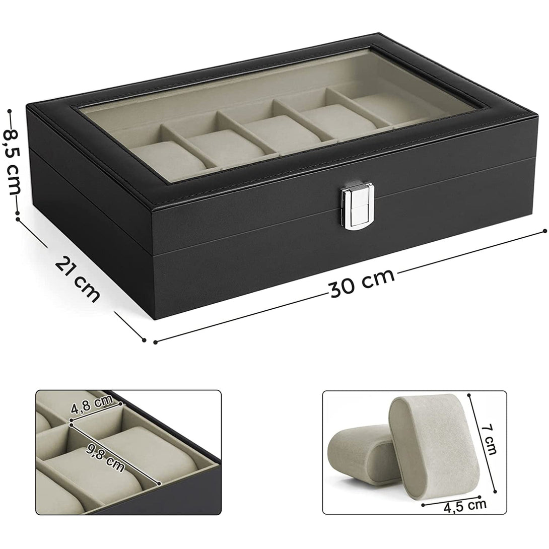 Box na hodinky so skleneným krytom, 30 x 8,5 x 21 cm, čierna imitácia kože, béžová podšívka-Vashome.sk