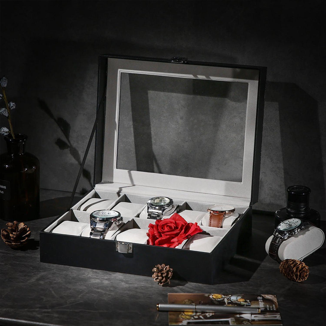 SONGMICS Box na hodinky so skleneným krytom, krabica pre 10 hodiniek 25,4 x 7,8 x 20,2 cm-Vashome.sk