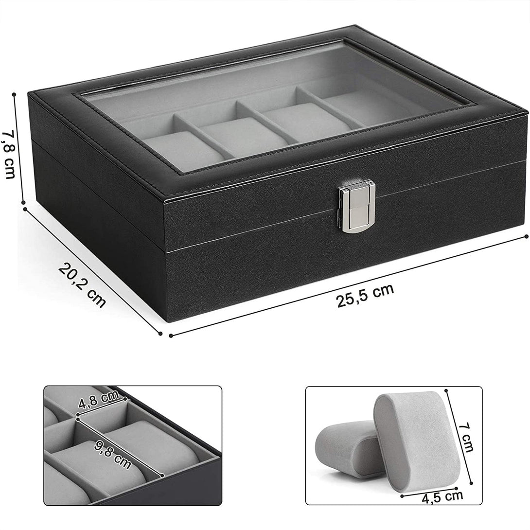 SONGMICS Box na hodinky so skleneným krytom, krabica pre 10 hodiniek 25,4 x 7,8 x 20,2 cm-Vashome.sk