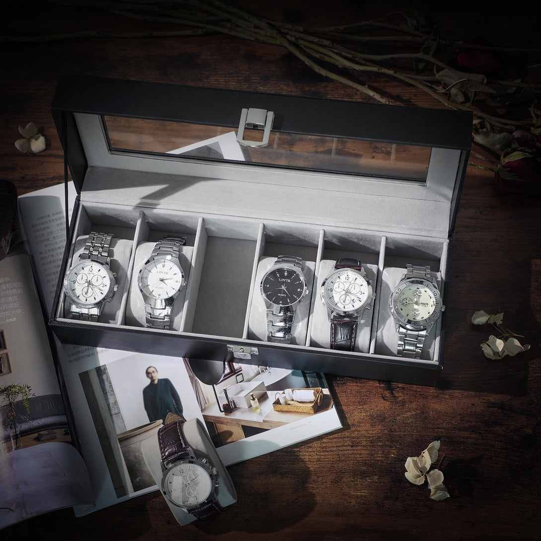 Box na hodinky so skleneným vekom, 30 x 8 x 11,2 cm, čierny-Vashome.sk