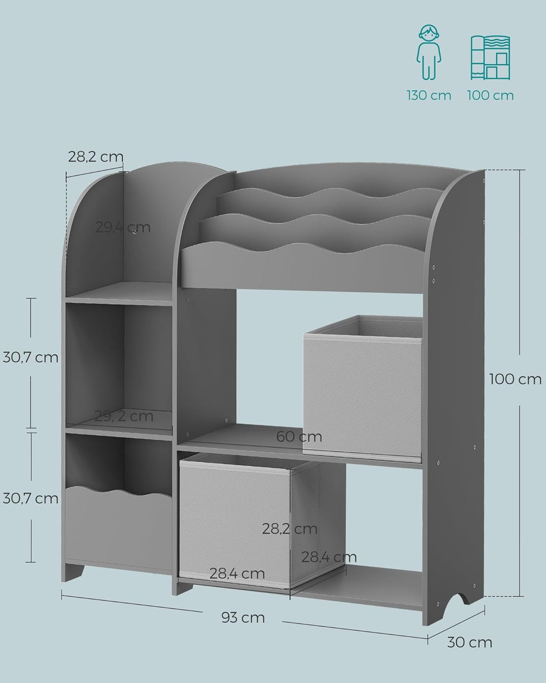 Detská knižnica, detská polica na hračky a knihy s 2 boxmi, 30 x 93 x 100 cm, sivá-Vashome.sk