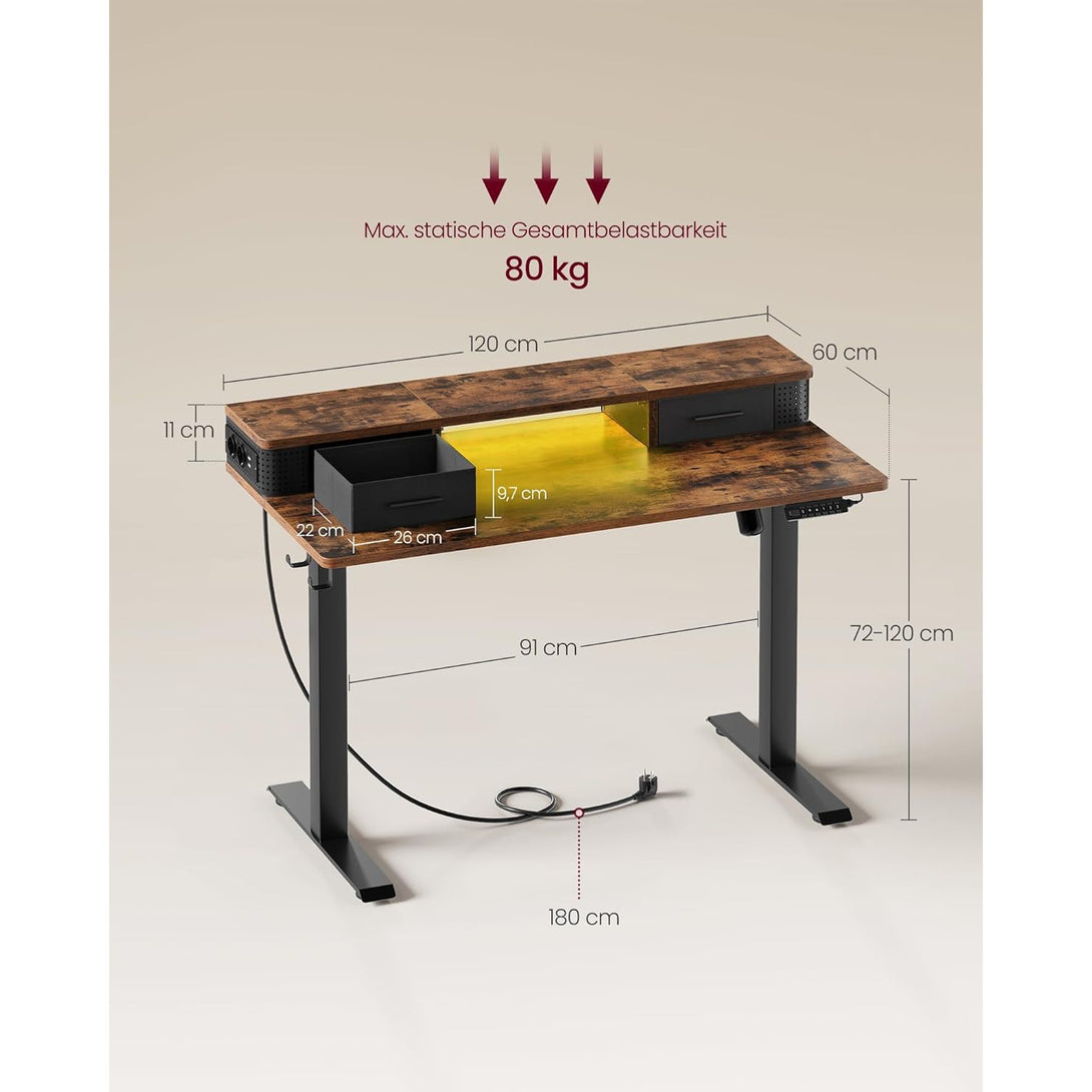 Magasságállítható elektromos íróasztal LED világítással, 60 x 120 x (72-120) cm, vintage barna/fekete-Vashome.sk