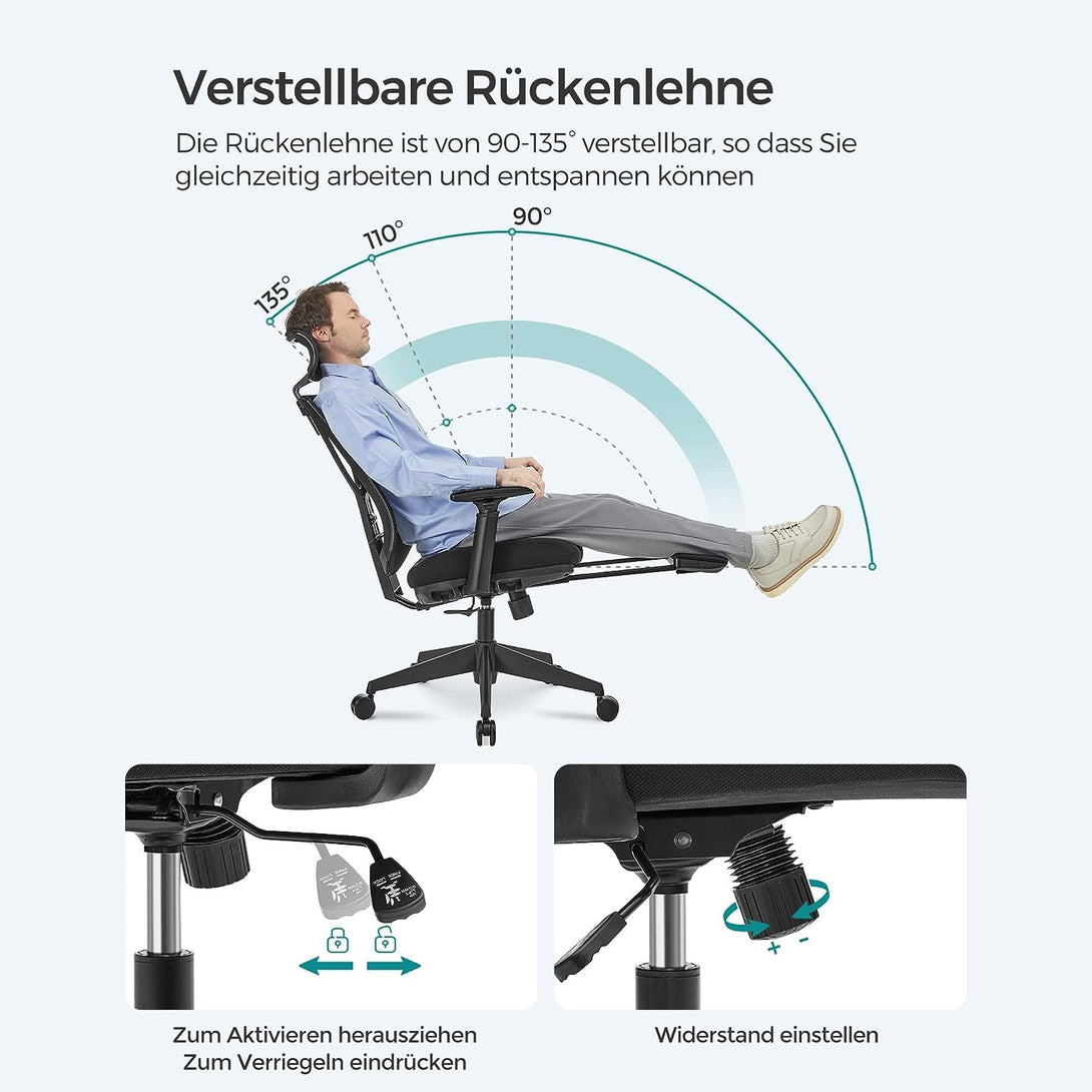 Ergonomická kancelárska stolička s podnožkou, max. nosnosť 150 kg, čierna | SONGMICS-Vashome.sk