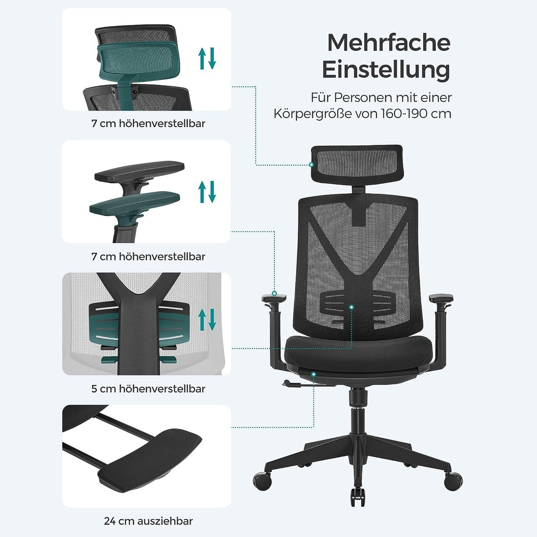 Ergonomická kancelárska stolička s podnožkou, max. nosnosť 150 kg, čierna | SONGMICS-Vashome.sk