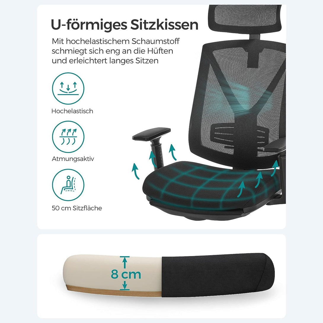 Ergonomická kancelárska stolička s podnožkou, max. nosnosť 150 kg, čierna | SONGMICS-Vashome.sk