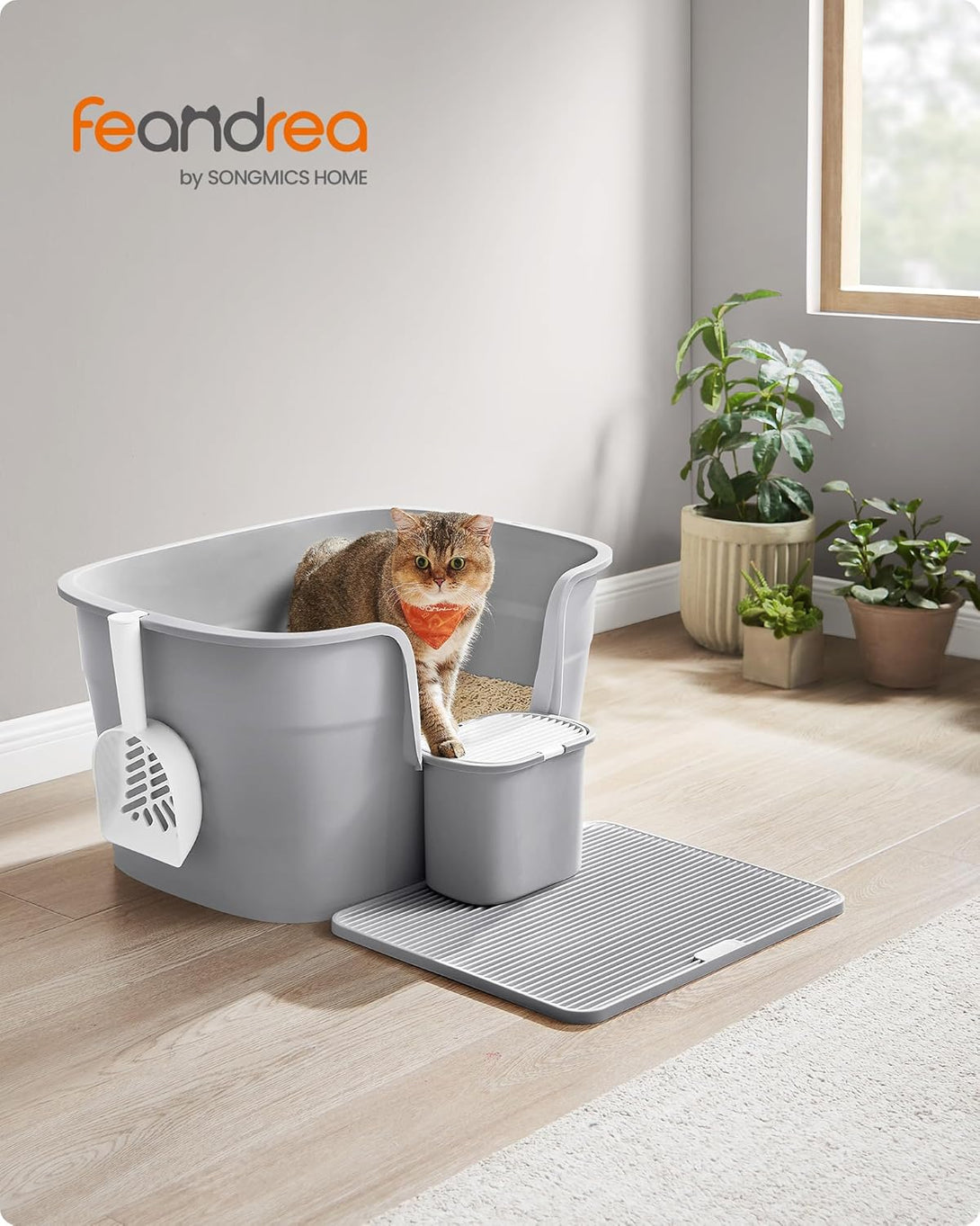 Extra nagy macskaalomdoboz magas oldalfallal, alomfogó ráccsal, szürke színben-Vashome.sk