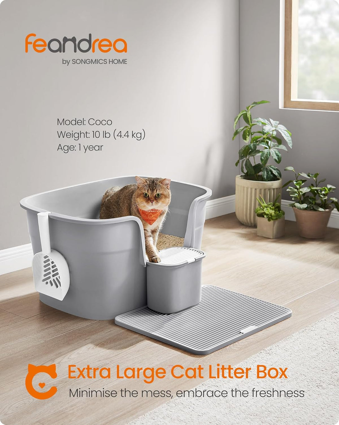 Extra nagy macskaalomdoboz magas oldalfallal, alomfogó ráccsal, szürke színben-Vashome.sk