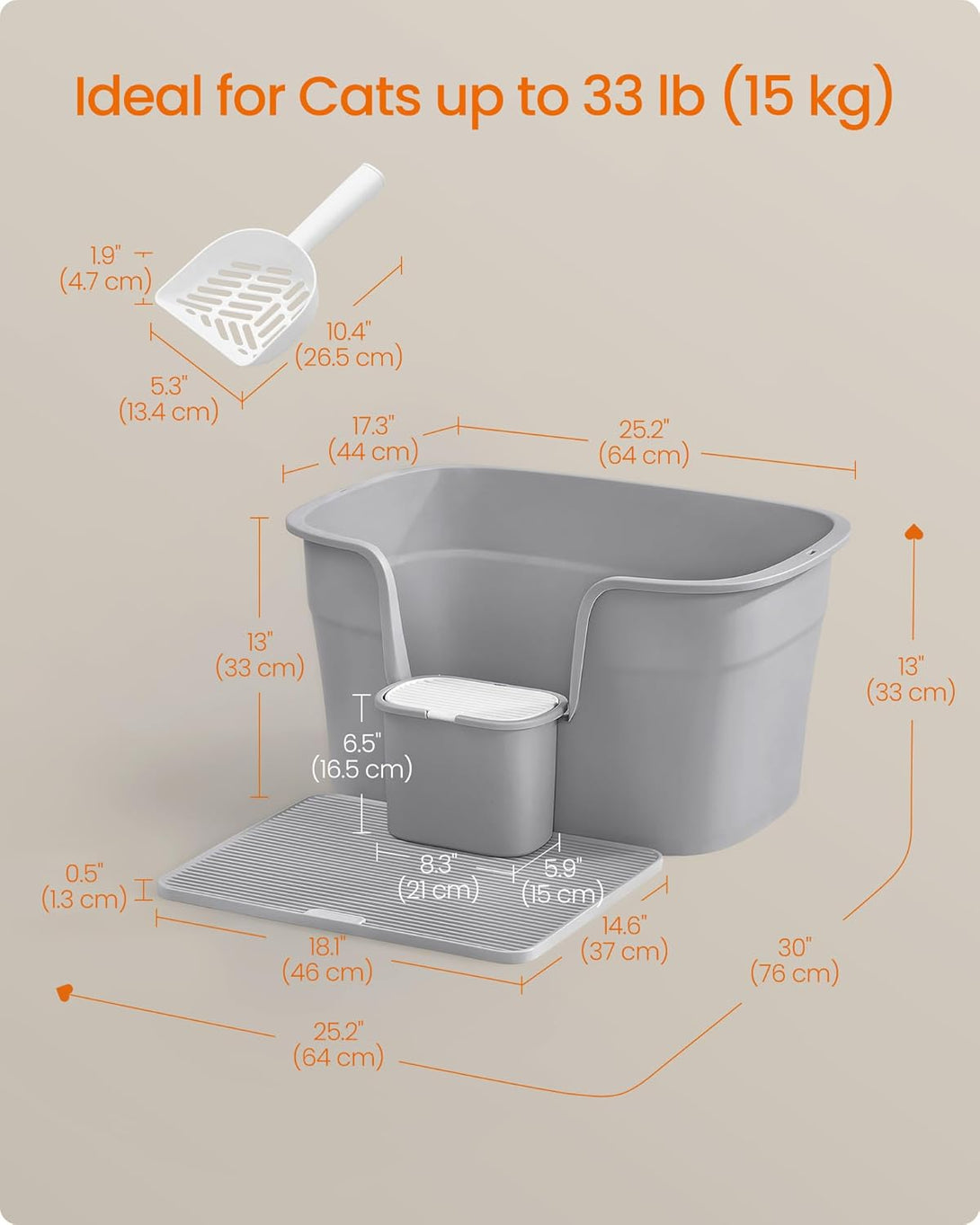 Extra nagy macskaalomdoboz magas oldalfallal, alomfogó ráccsal, szürke színben-Vashome.sk
