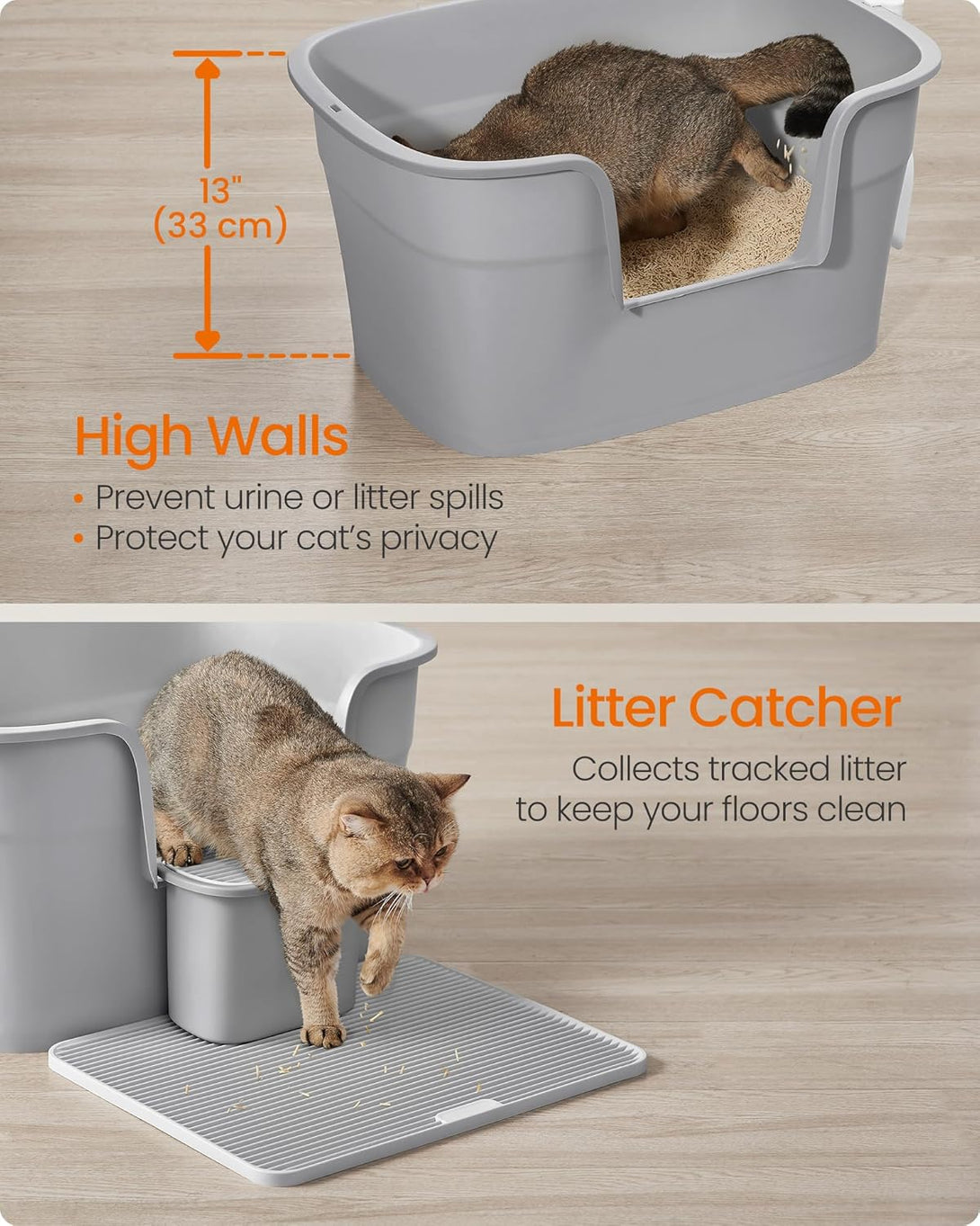 Extra nagy macskaalomdoboz magas oldalfallal, alomfogó ráccsal, szürke színben-Vashome.sk