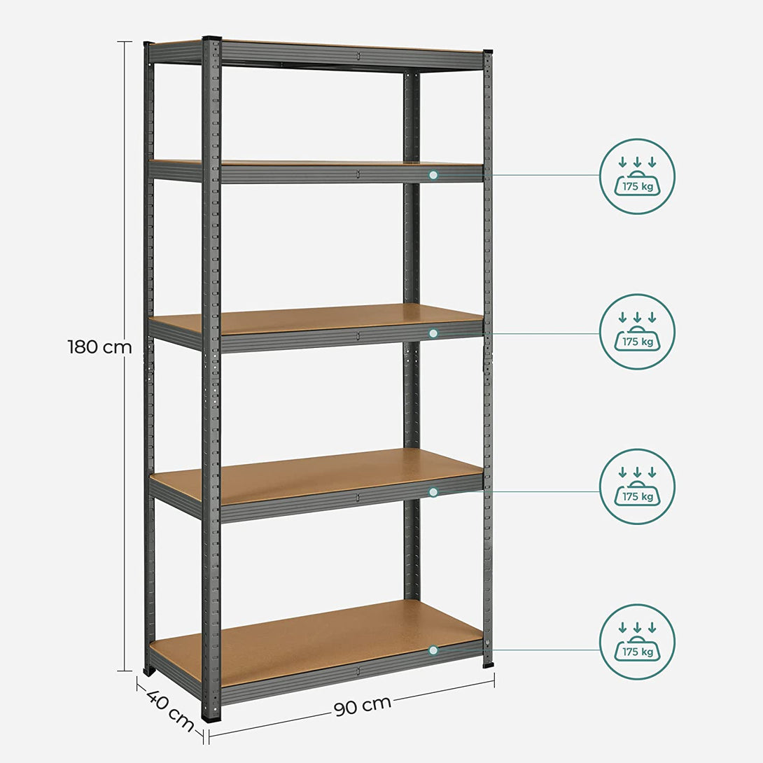 SONGMICS Garážový regál, 5-úrovňový úložný regál, 180 x 90 x 40 cm, max. nosnosť 875 kg, sivý-Vashome.sk