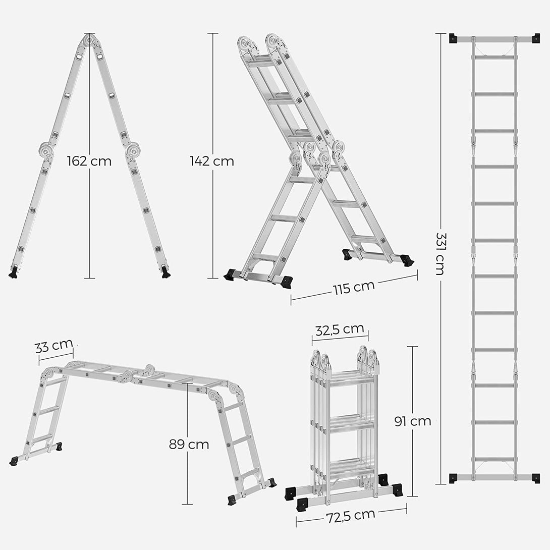 Hliníkový rebrík 3,5 m, s 12 schodíkmi, kĺbový, viacúčelový, strieborný | SONGMICS-Vashome.sk