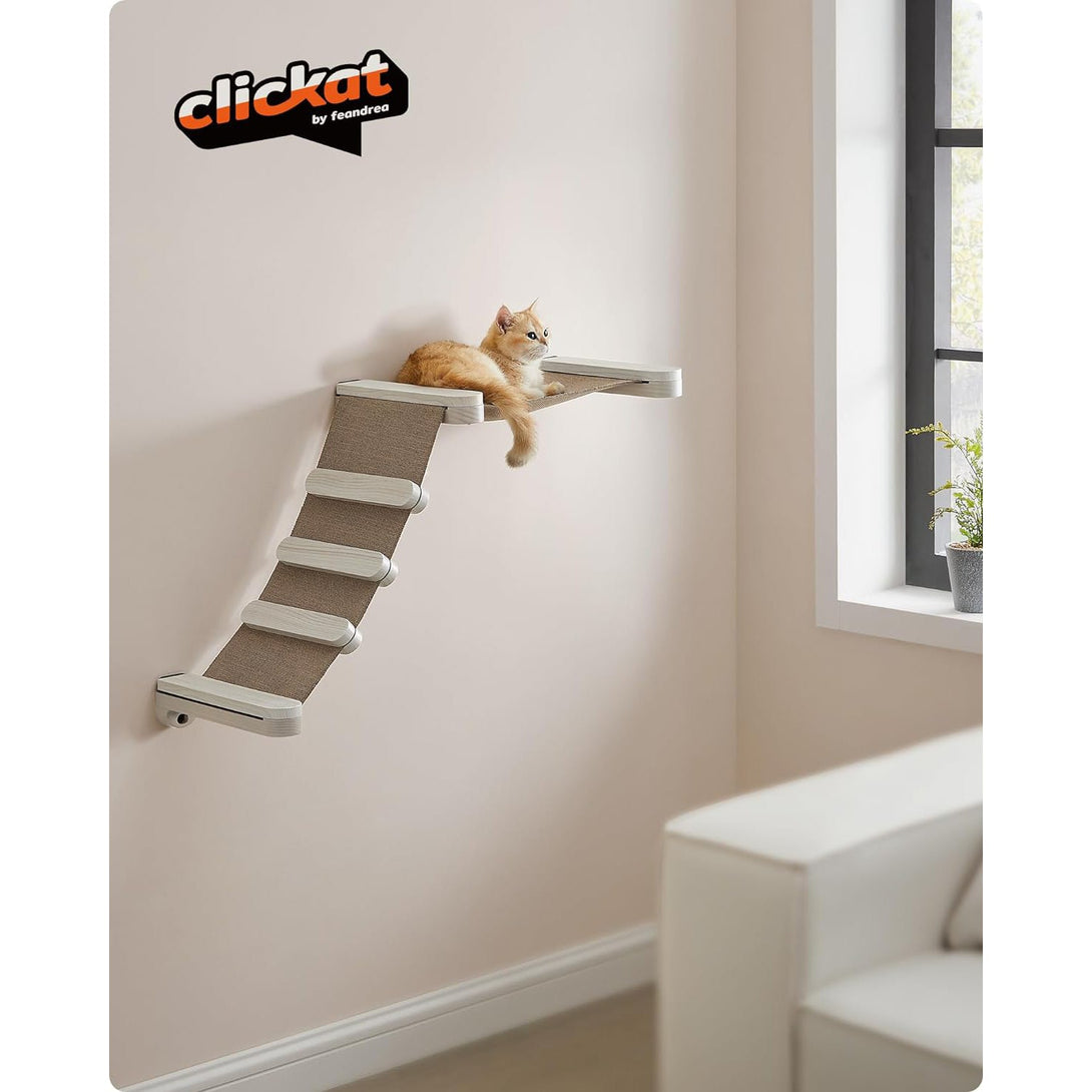Hojdacia sieť pre mačky Feandrea Clickat, nástenná posteľ s rebríkom, hnedá farba-Vashome.sk