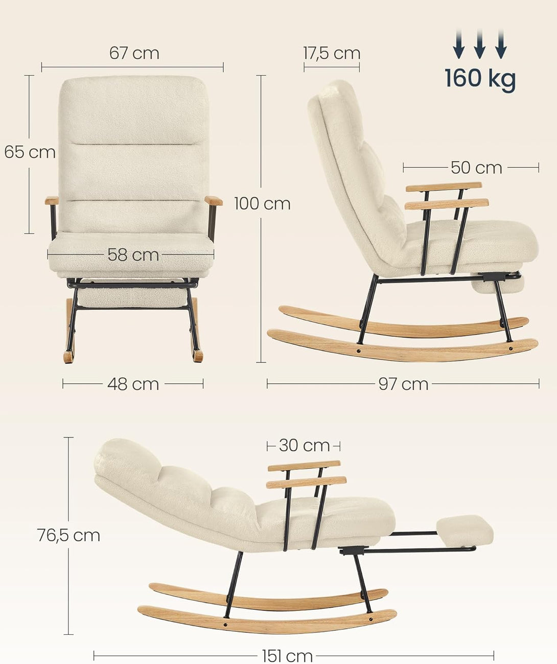 Hojdacie kreslo, s nastaviteľným operadlom, flísový povrch, krémovo biele-Vashome.sk