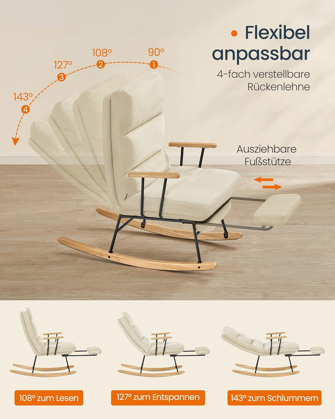 Hojdacie kreslo, s nastaviteľným operadlom, flísový povrch, krémovo biele-Vashome.sk