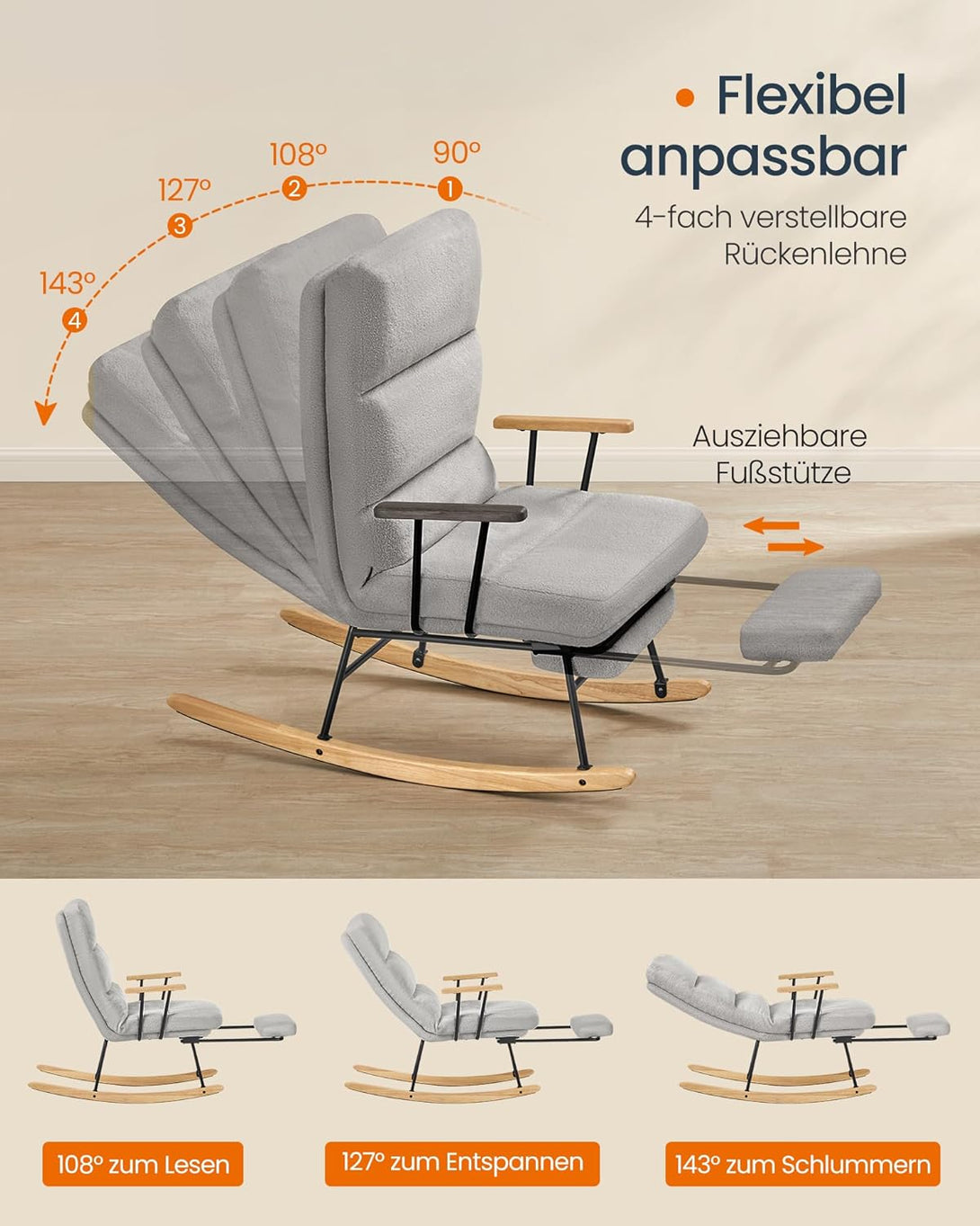 Hojdacie kreslo, s nastaviteľným operadlom, flísový povrch, sivá-Vashome.sk