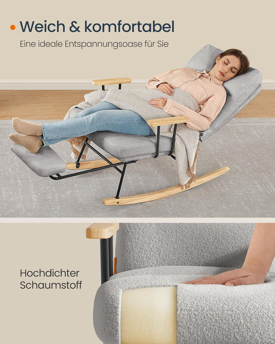 Hojdacie kreslo, s nastaviteľným operadlom, flísový povrch, sivá-Vashome.sk