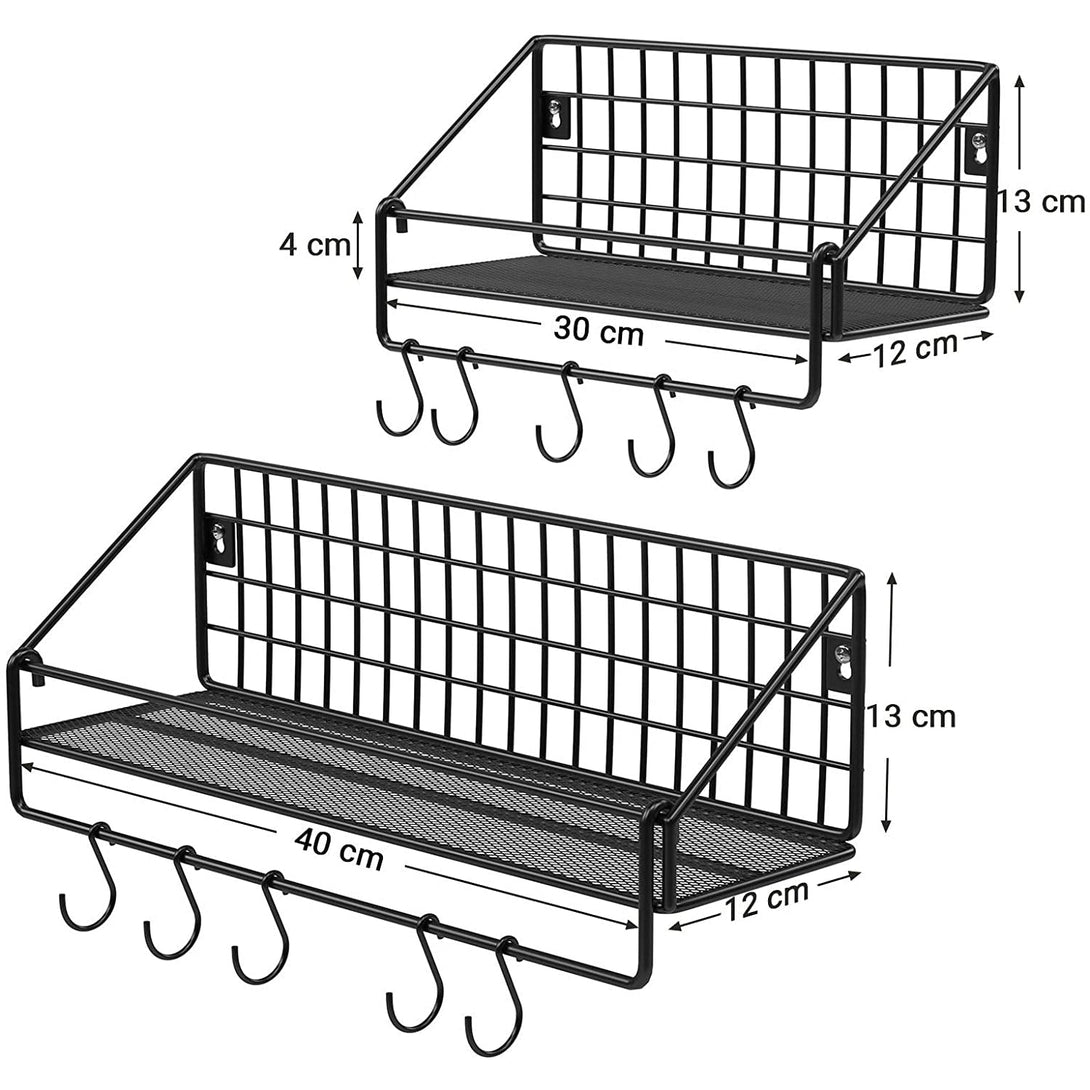 Industriálne kovové nástenné police, 30 x 12 x 13 cm a 40 x 12 x 13 cm, čierne-Vashome.sk
