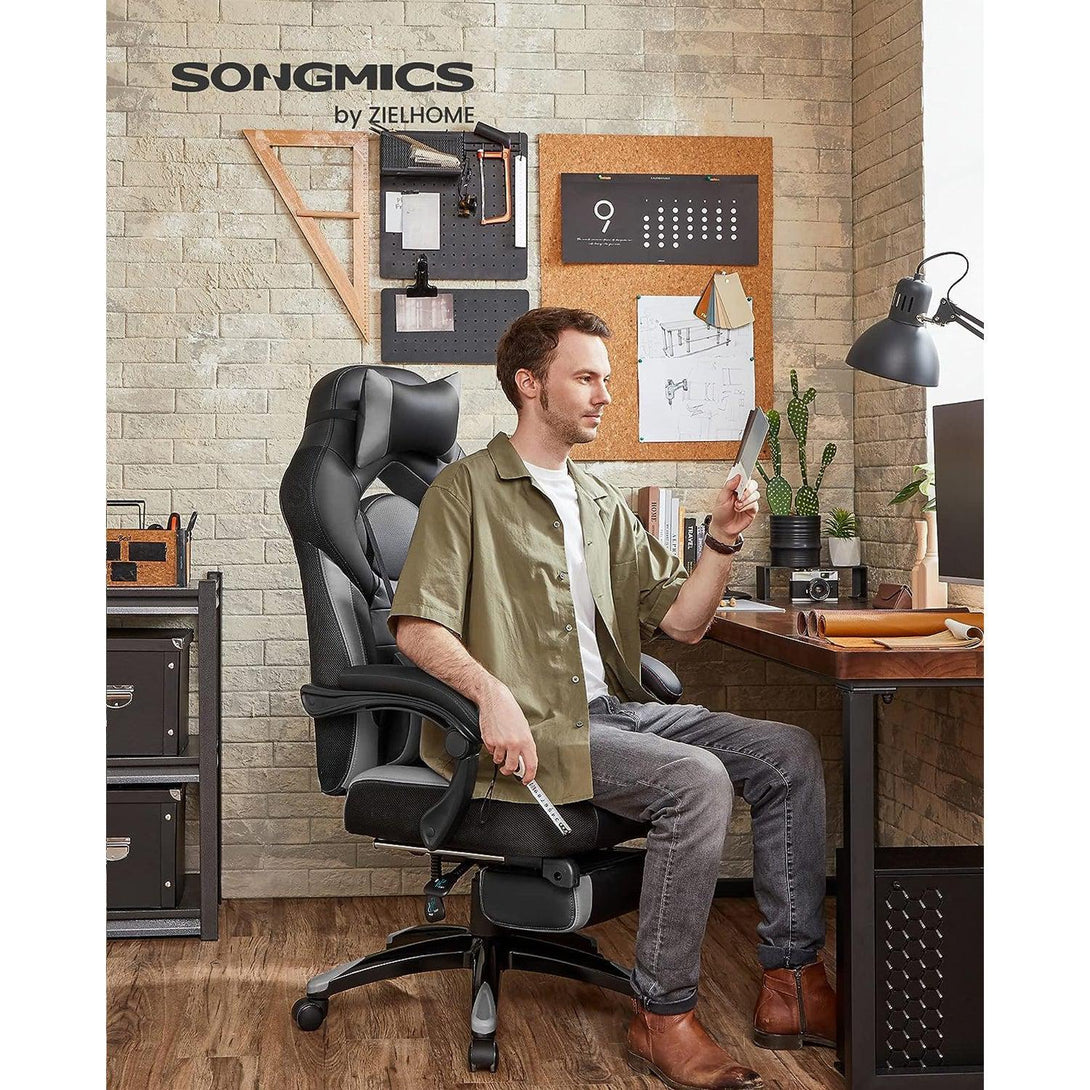 Kancelárska stolička s opierkou nôh, nastaviteľná opierka hlavy, bedrová opierka, čierna a sivá farba | SONGMICS-Vashome.sk