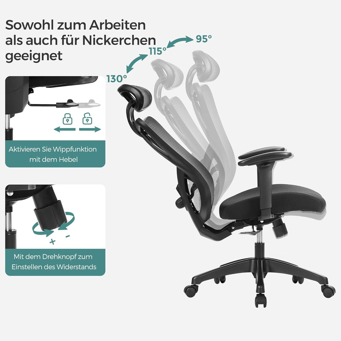 Kancelárske kreslo, Ergonomické kreslo s nastaviteľnou opierkou hlavy, čierne | SONGMICS-Vashome.sk