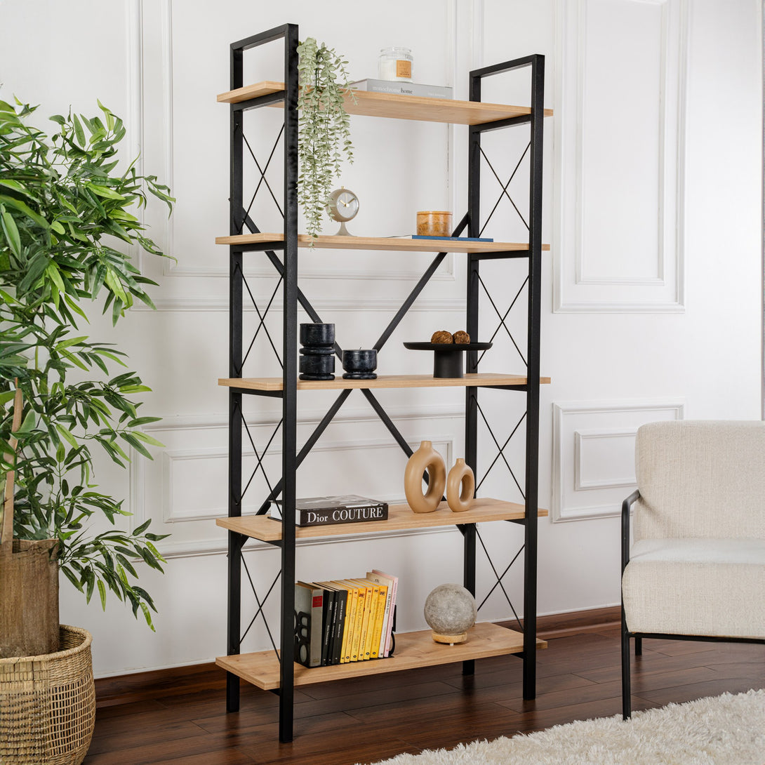 Könyvespolc Elysian - Oak, Black-Vashome.sk