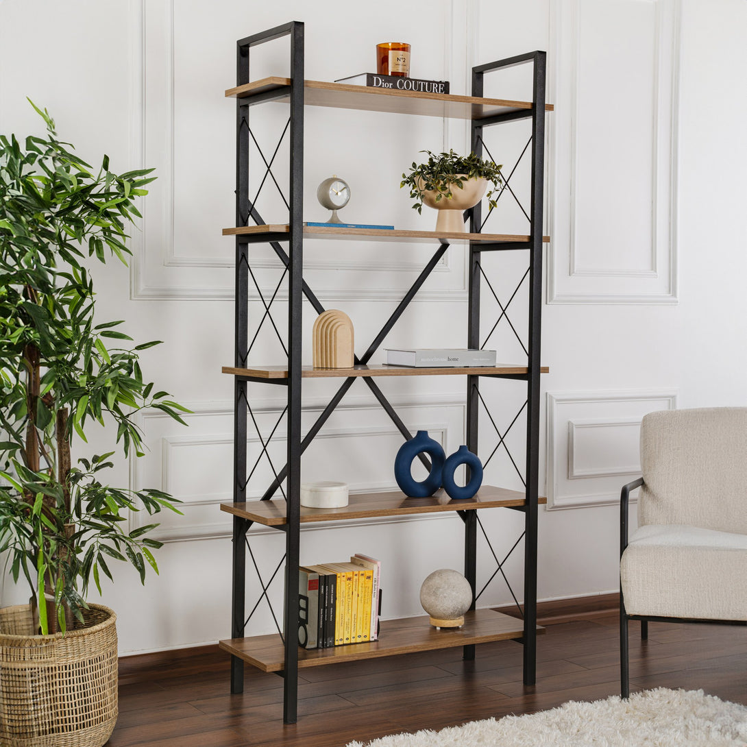 Könyvespolc Elysian - Walnut, Black-Vashome.sk