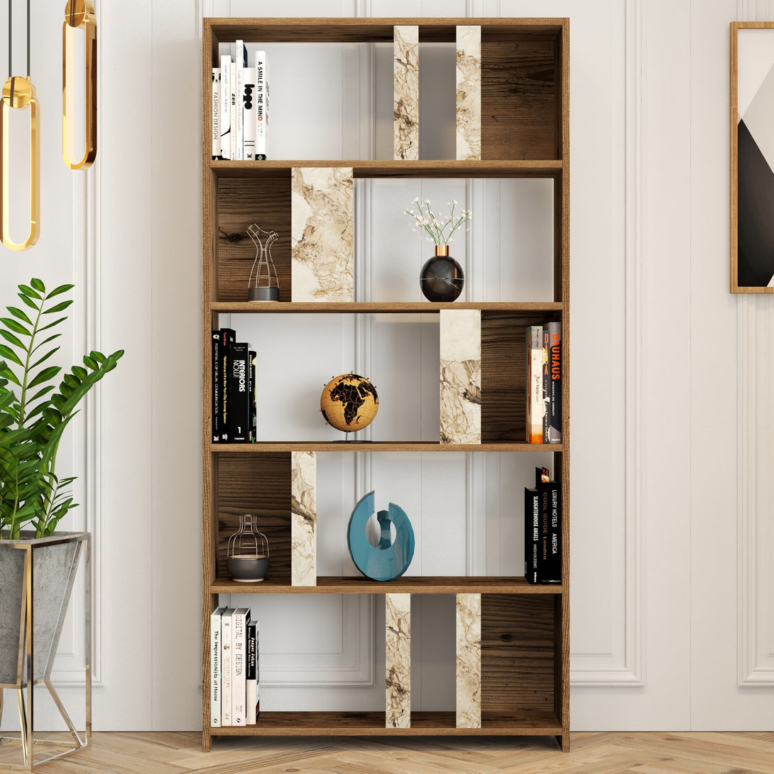 Könyvespolc Lima - Walnut, White Marble-Vashome.sk