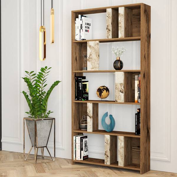 Könyvespolc Lima - Walnut, White Marble-Vashome.sk