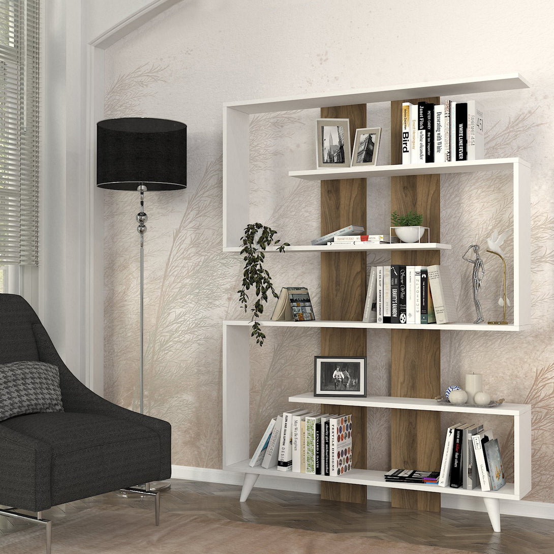 Könyvespolc Rain - White, Walnut-Vashome.sk