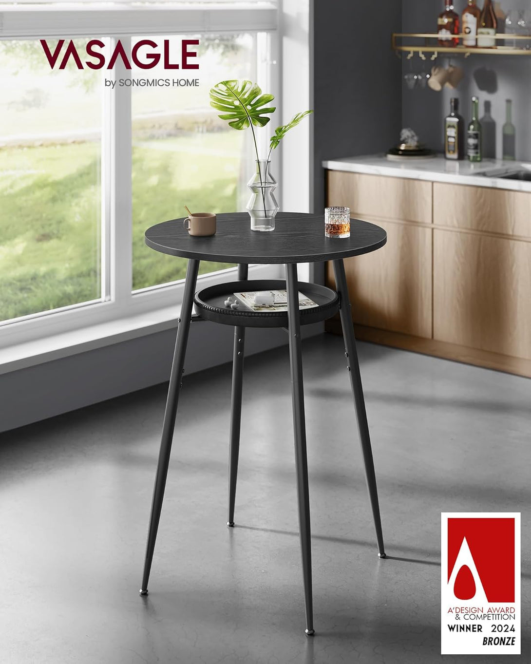 Kolekcia EKHO – barový stôl s úložným priestorom, okrúhly vysoký barový stolík, čierny-Vashome.sk