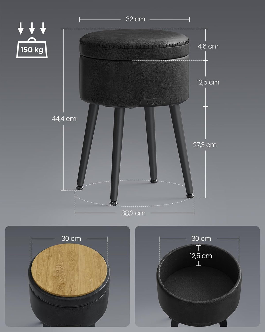 Kolekcia EKHO Úložná taburetka, Stolička k toaletnému stolíku, nosnosť 150 kg, čierna-Vashome.sk