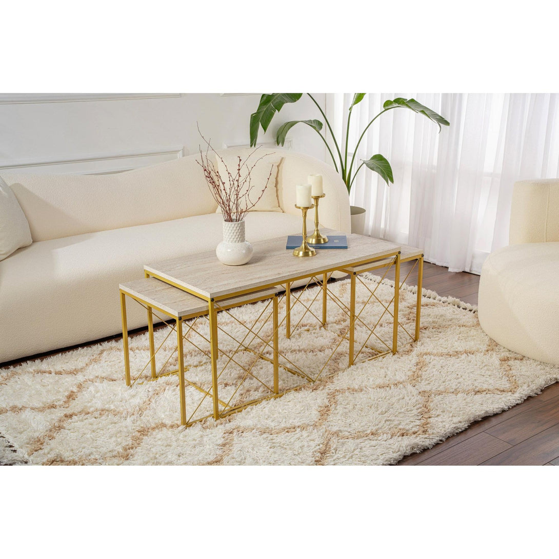 Konferenčný stôl Defne - Gold, Travertine-Vashome.sk