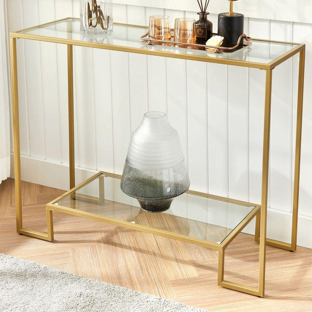 Konzolový stôl, Stôl s oceľovým rámom, 2 poličky z tvrdeného skla, zlatá farba | VASAGLE