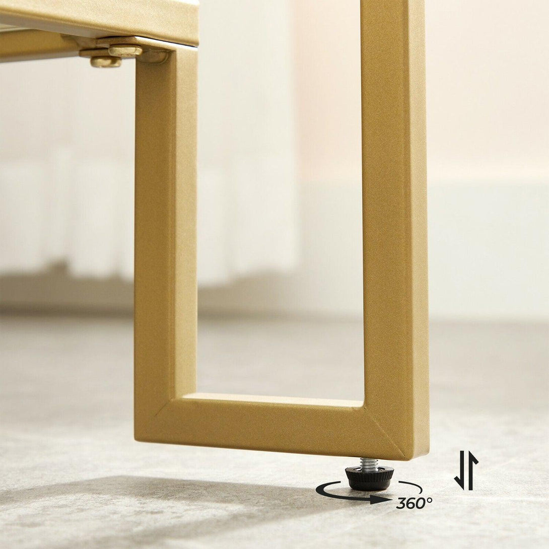 Konzolový stôl, Stôl s oceľovým rámom, 2 poličky z tvrdeného skla, zlatá farba | VASAGLE