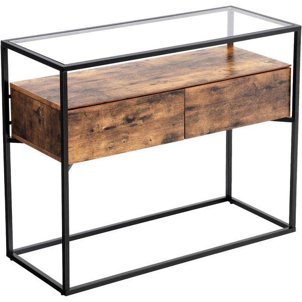 Konzolový stôl v industriálnom štýle, sklenený stolík s 2 zásuvkami, 100 x 40 x 80 cm-Vashome.sk