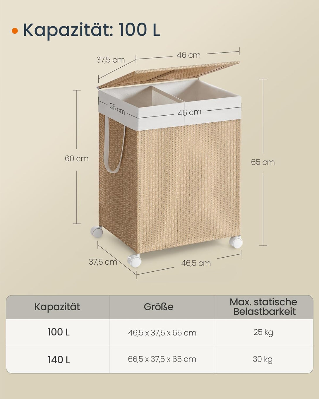 Kôš na bielizeň 100 l, s 2 priehradkami, ratanový vzhľad, prírodná farba-Vashome.sk