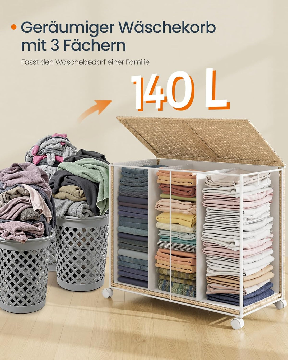 Kôš na bielizeň 140 l, 3 priehradky, s kolieskami, prírodná a biela farba-Vashome.sk