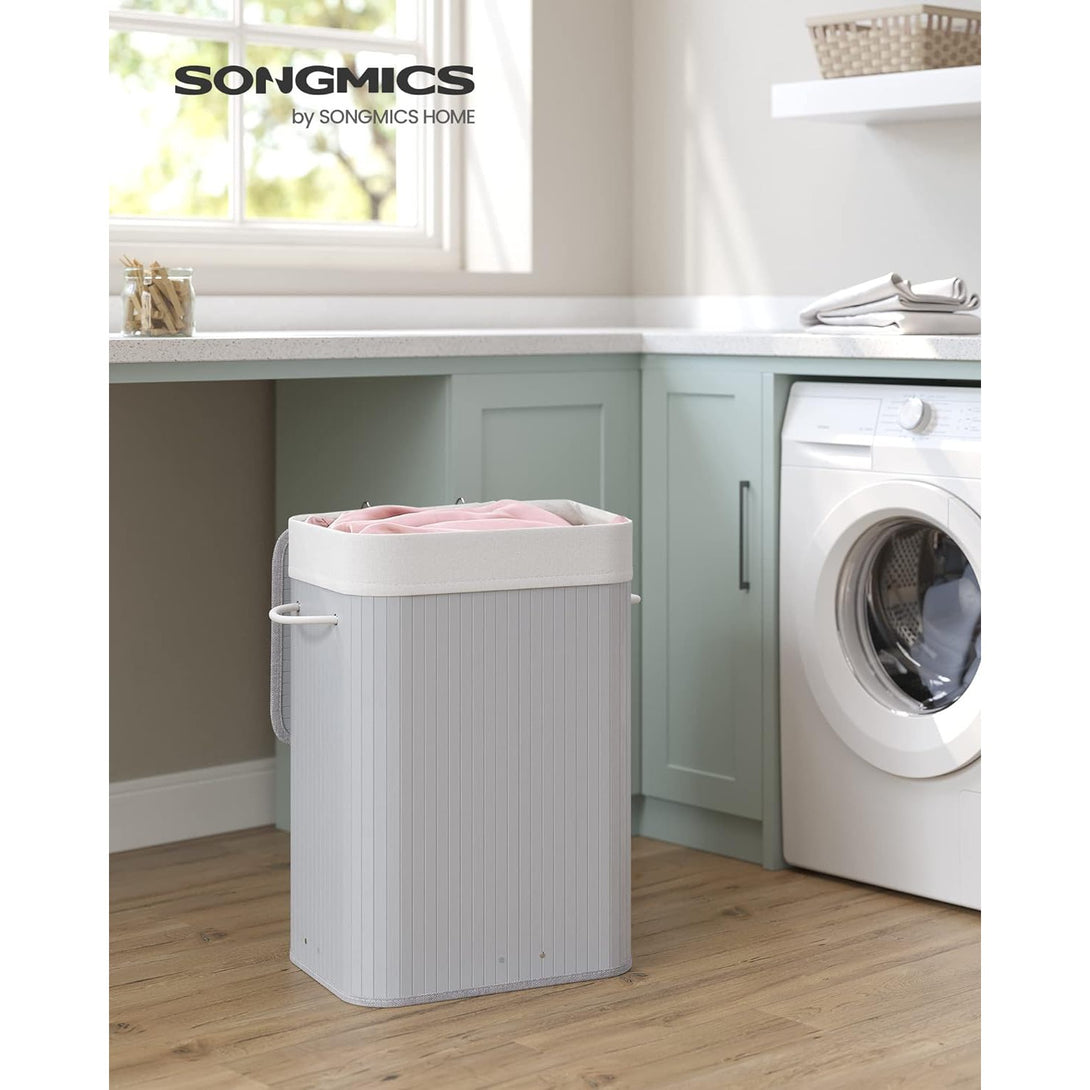 Szennyestartó fedéllel, 72 L, bambusz szennyeskosár, szürke-Vashome.sk