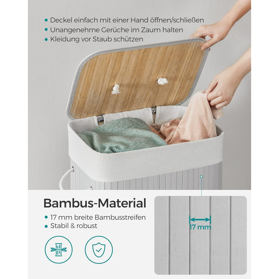 Szennyestartó fedéllel, 72 L, bambusz szennyeskosár, szürke-Vashome.sk