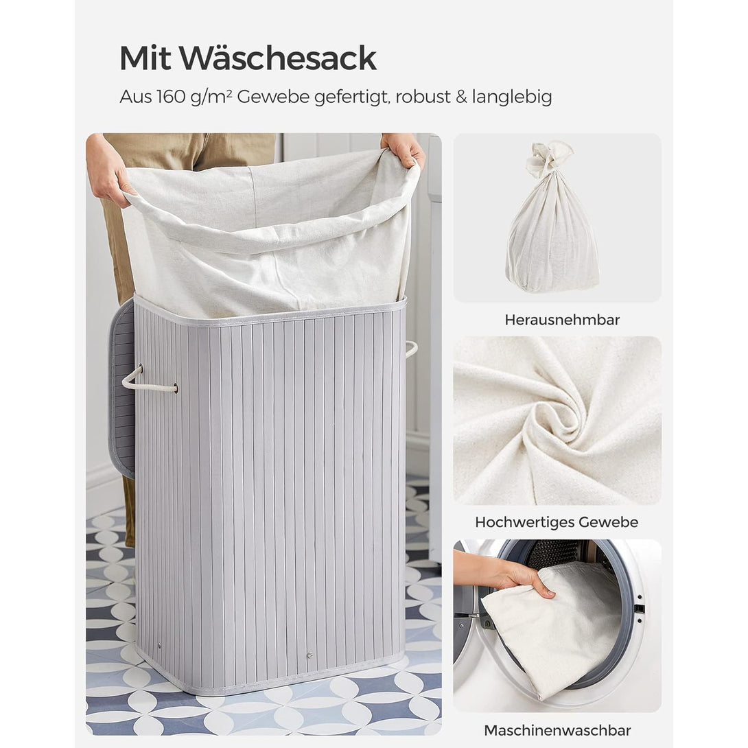 Szennyestartó fedéllel, 72 L, bambusz szennyeskosár, szürke-Vashome.sk